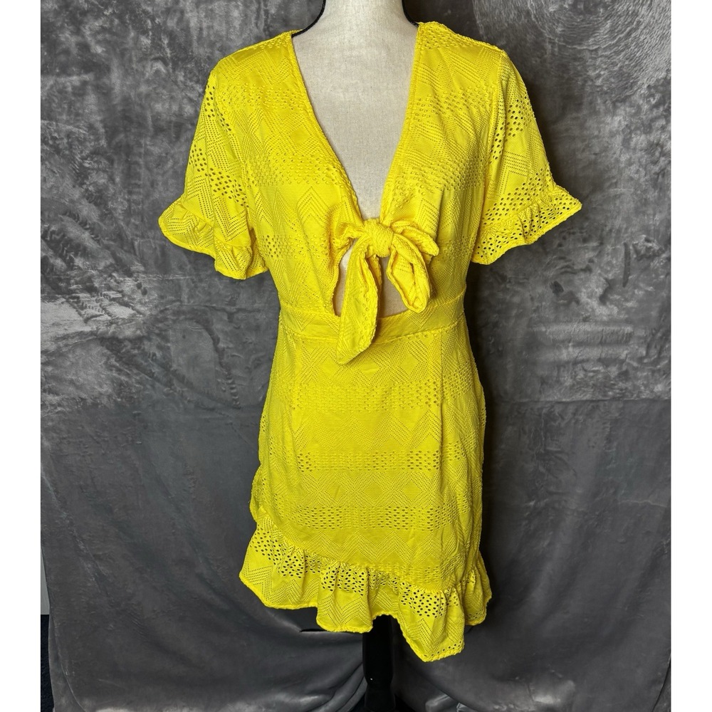 C+D+M Collection Dress XL Yellow Summer Time Ruffle Tie Front Cut Out Beachy
